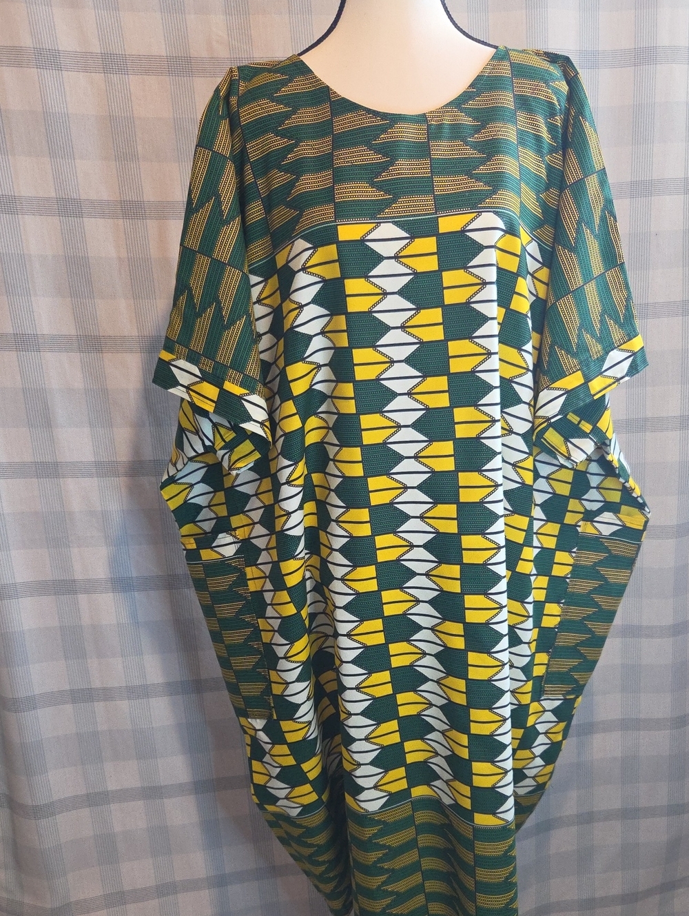 Green & Yellow Patterned Cotton Maxi Dress - Women's Comfortable A-Line